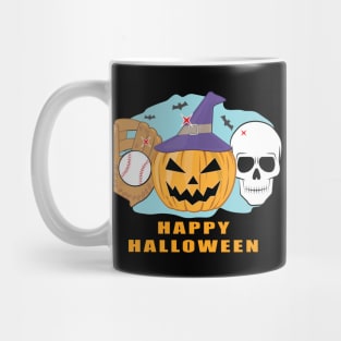 Happy Baseball Halloween - Spooky Skull and Pumpkin Mug